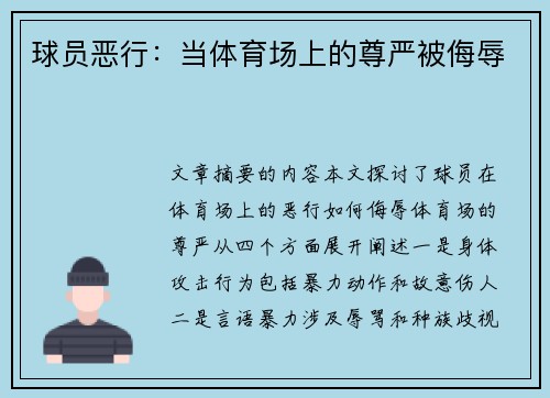 球员恶行：当体育场上的尊严被侮辱