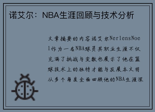 诺艾尔：NBA生涯回顾与技术分析